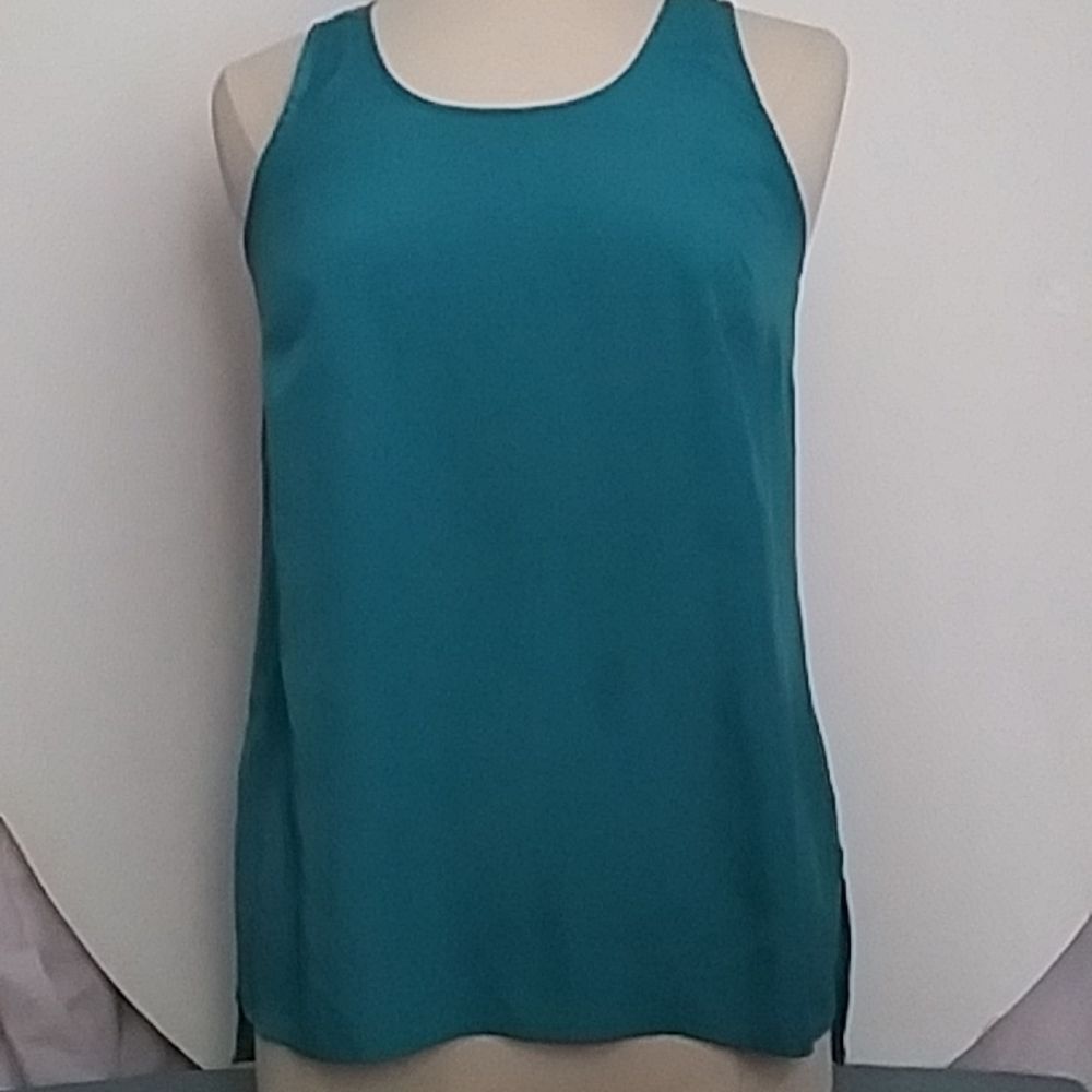 Allen B Tank Top Sleeveless Blouse Silky Twisted Keyhole Racer Back Teal